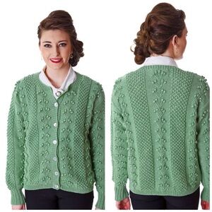 Deirdre McGuire Aran Irish Knit Cardigan Sweater Size XL Green Made In Ireland